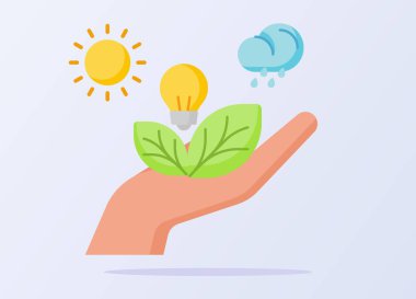 Doğanın kaynak kavramı güneş ışığı ampul yaprağı yağmuru elde beyaz yalıtılmış arka plan düz stil