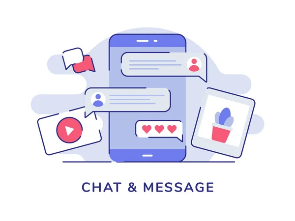 Chat y mensaje burbuja de chat imagen de vídeo en la pantalla del teléfono inteligente pantalla blanca aislado fondo con el estilo de contorno plano — Archivo Imágenes Vectoriales