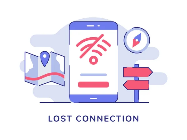 Ícone de conexão perdida Wi-Fi não encontrado acesso à Internet na tela do smartphone de exibição fundo isolado branco com estilo de contorno plano — Vetor de Stock