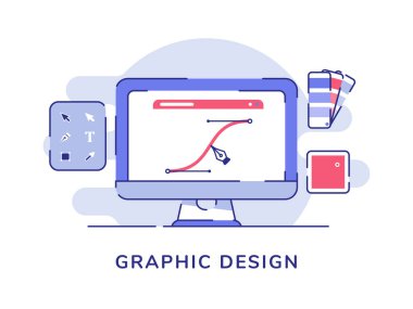 Düz dış hatlı beyaz izole arkaplanı gösteren bilgisayar monitörü üzerindeki grafik tasarım kalem eğrisi çizimi çizgisi