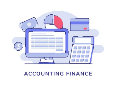 Hesap makinesi banka kartı pasta grafiği yakınındaki mali bilgisayar monitörü para dolar izole edilmiş beyaz arka plan düz dış hatlı biçim tasarımı illüstrasyonu