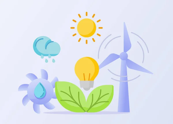 自然の概念の力太陽風雨滴葉光電球フラットスタイルと白の隔離された背景 — ストックベクタ