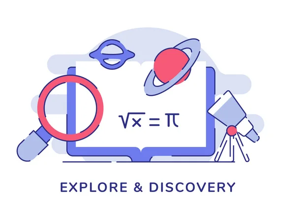 Explorar e conceito de descoberta ampliado espaço planeta na tela do computador fundo isolado branco com estilo plano — Vetor de Stock