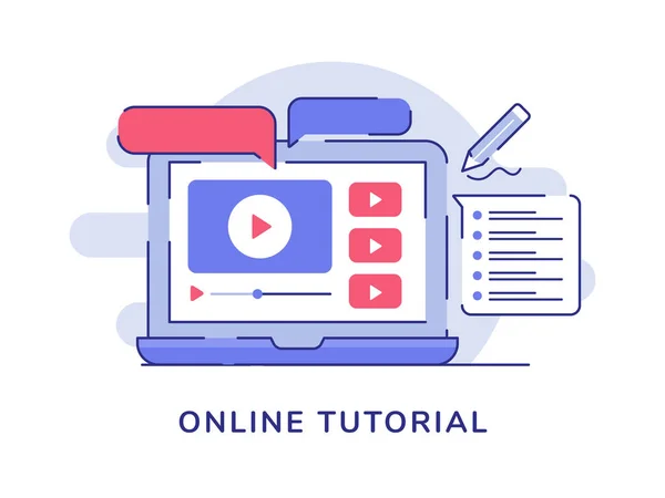 Concept de tutoriel vidéo en ligne avec ordinateur portable et notes de lecteur avec le style de ligne icône moderne — Image vectorielle