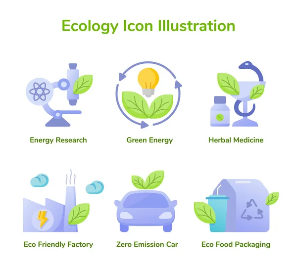 Ícone de ecologia ilustração energia pesquisa verde energia fitoterapia eco friendly fábrica zero emissão carro eco alimentos embalagem branco isolado fundo com estilo plano — Vetor de Stock