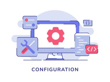 Bilgisayar ekranındaki yapılandırma teçhizatı: Tornavida anahtarı kodlama kodu: Düz dış hatlı beyaz arkaplan