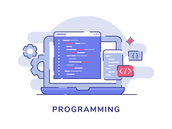 Programación de código de programa de lenguaje conceptual codificación binaria en pantalla portátil pantalla blanca aislada fondo con estilo de contorno plano — Archivo Imágenes Vectoriales