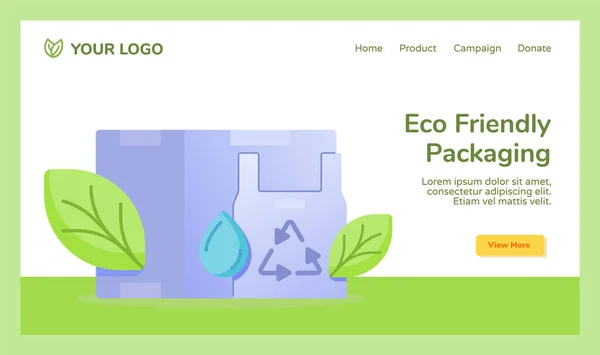 Çevre dostu ambalaj plastik kutu web sitesi ana sayfası için geri dönüşüm su damlası yaprağı kampanyasını azaltır düz stilli pankart iniş sayfası — Stok Vektör