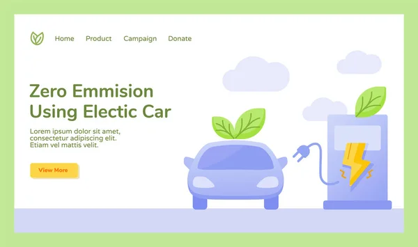 Emisi nol menggunakan mobil listrik daun colokan biaya listrik kampanye untuk situs web rumah templat banner pendaratan halaman dengan gaya datar - Stok Vektor