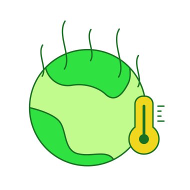 Küresel ısınma kavramı dünya ısısı yeşil temalı düz dış hatlı termometre beyaz arka planı buharlaştırır