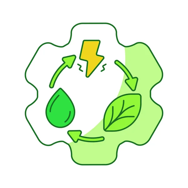 Erneuerbare Energien Konzept Getriebe Blitz Blatt Tropfen Wasser recyceln weiß isoliert Hintergrund mit grünen Thema flache Umrisse Stil — Stockvektor