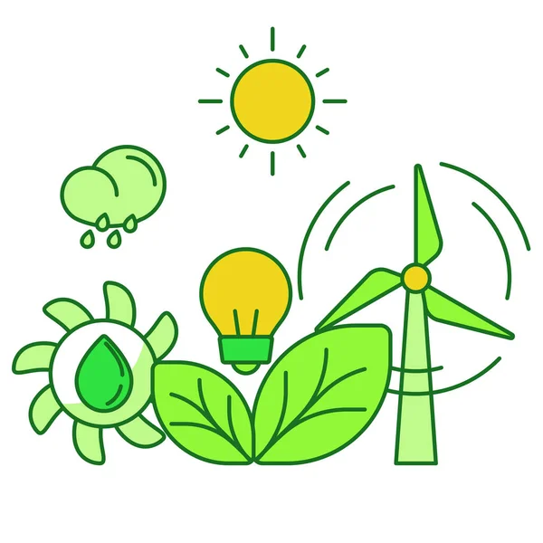 生態系のセットコレクション水力風力バイオ太陽エネルギー緑のテーマフラットアウトラインスタイルと白の隔離された背景 — ストックベクタ
