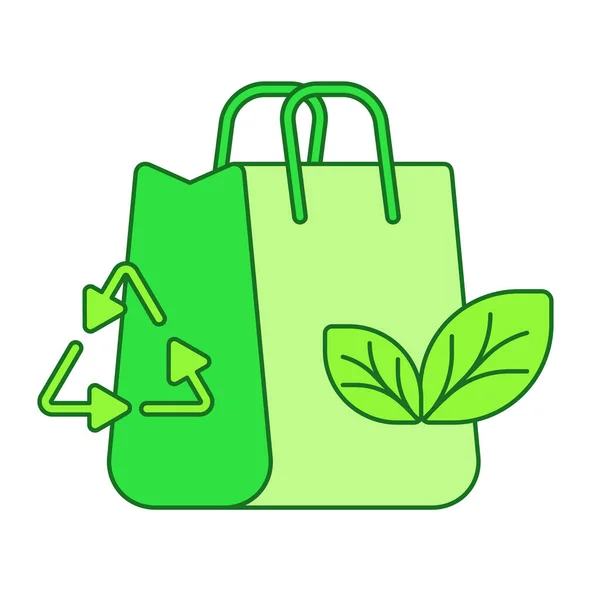 Recycling-Tasche Konzept tragen Tasche Blatt Recycling-Symbol weiß isoliert Hintergrund mit grünem Thema flache Umrisse Stil — Stockvektor
