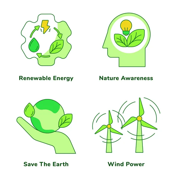 Coleção de conjuntos de ecologia energia renovável consciência da natureza salvar a energia eólica terra fundo isolado branco com tema verde estilo esboço plano — Vetor de Stock