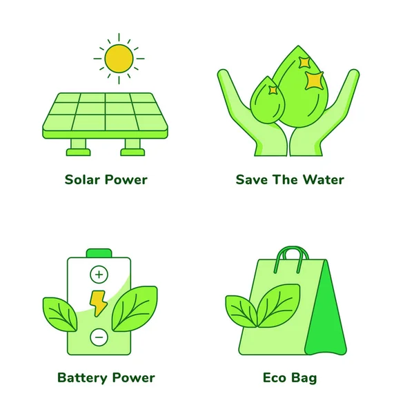 Ecología conjunto colección energía solar ahorrar la energía de la batería de agua eco bolso blanco aislado fondo con el tema verde esquema plano estilo — Archivo Imágenes Vectoriales