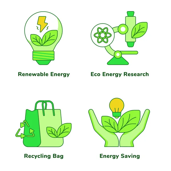 Ekologi set insamling förnybar energi eko energi forskning återvinning väska energibesparing vit isolerad bakgrund med grönt tema platt skiss stil — Stock vektor