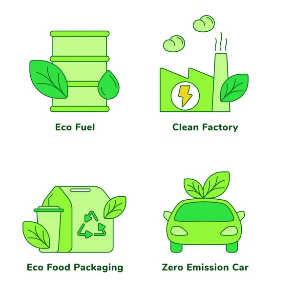 Ecologia coleção conjunto ecológico combustível limpo fábrica eco alimentos embalagem zero emissão carro branco isolado fundo com tema verde estilo esboço plano — Vetor de Stock