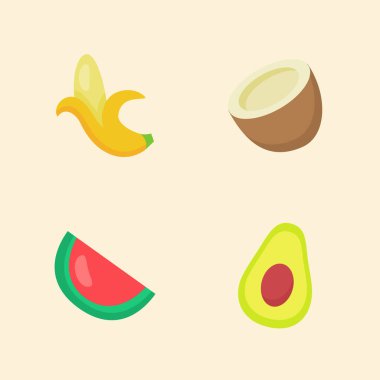 Meyve ikonu koleksiyonu muz hindistan cevizi karpuzu avokado beyaz izole arkaplan rengi düz çizgi film tarzıyla
