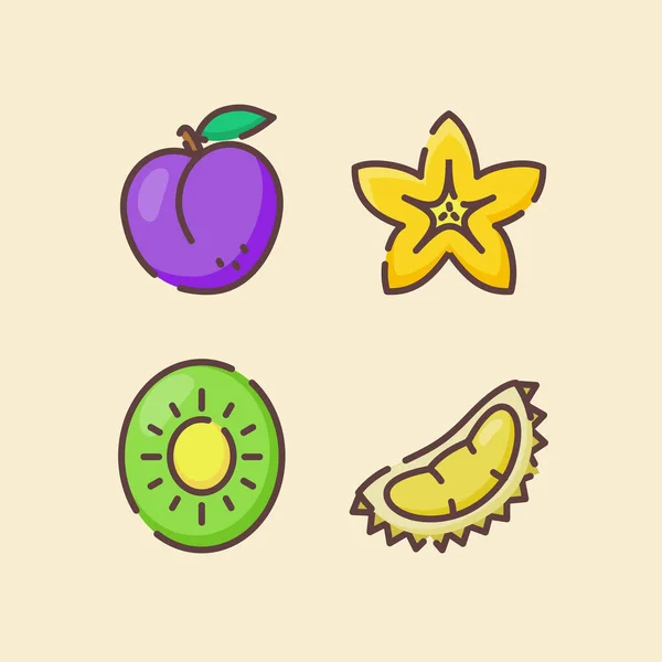 Conjunto de iconos de fruta colección ciruela starfruit kiwi durian blanco aislado fondo con color plano contorno estilo — Vector de stock