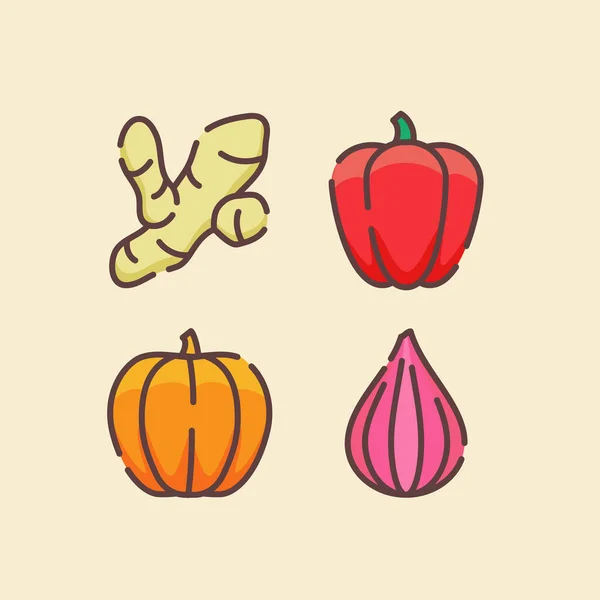 调味图标集姜黄、红辣椒、南瓜、洋葱、白色孤立背景与色彩扁平轮廓风格 — 图库矢量图片