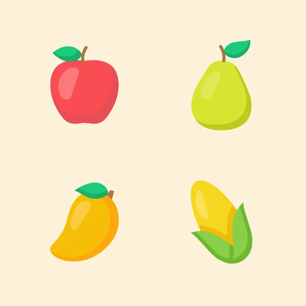 Obst-Symbol Set Sammlung Apfelbirne Mango Mais weiß isoliert Hintergrund mit Farbe flach Cartoon-Stil — Stockvektor