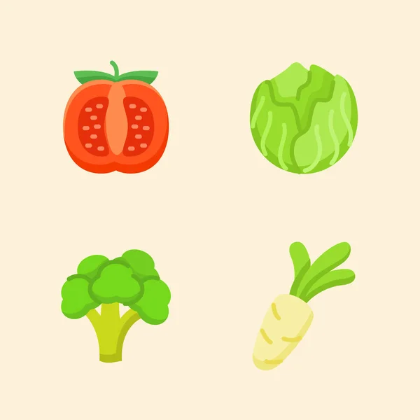 野菜アイコンセットコレクショントマトキャベツブロッコリー大根色のフラット漫画スタイルと白の隔離された背景 — ストックベクタ