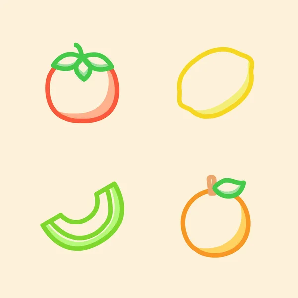 Fruit icon set collection tomaten zitrone melone orange weiß isoliert hintergrund mit strich farbe umriss stil — Stockvektor