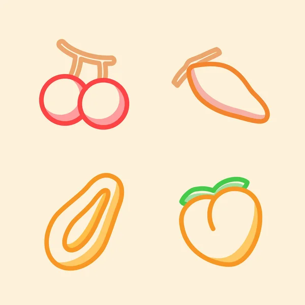 Fruit icône ensemble collection cerise date papaye pêche blanc fond isolé avec trait couleur contour style — Image vectorielle
