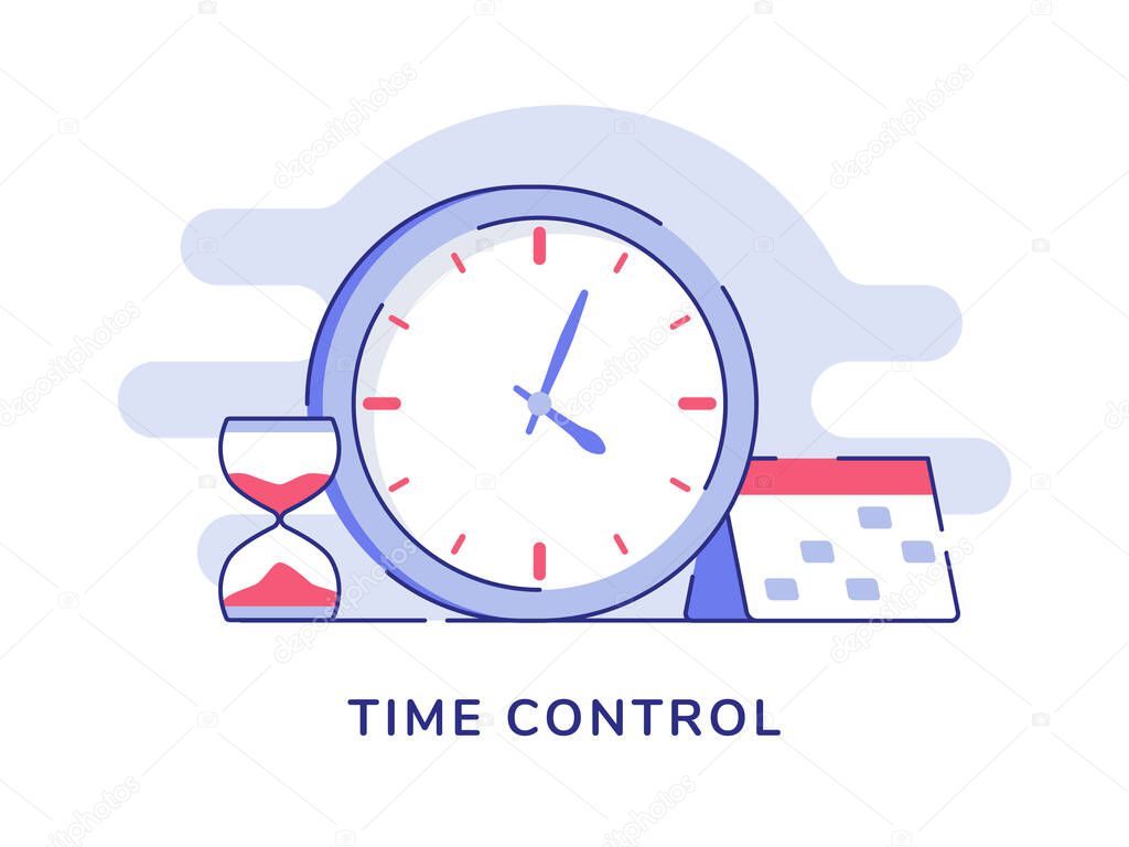 Time control concept clock hourglass calendar white isolated background with flat outline style