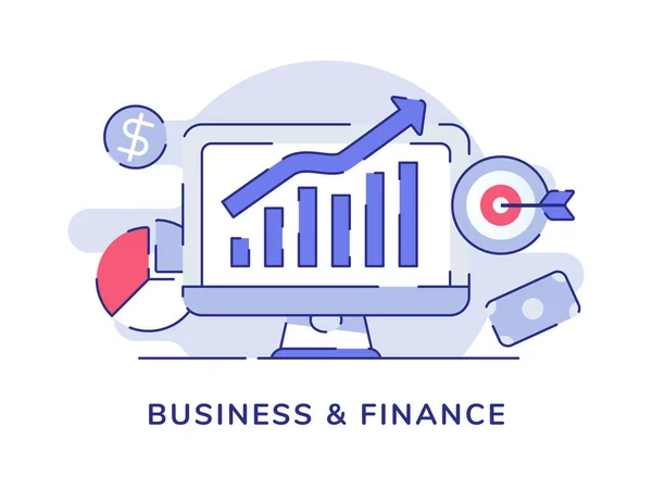 Gráfico de barras de crecimiento del concepto de finanzas empresariales en la pantalla de la computadora de visualización fondo aislado blanco con estilo de esquema plano — Archivo Imágenes Vectoriales