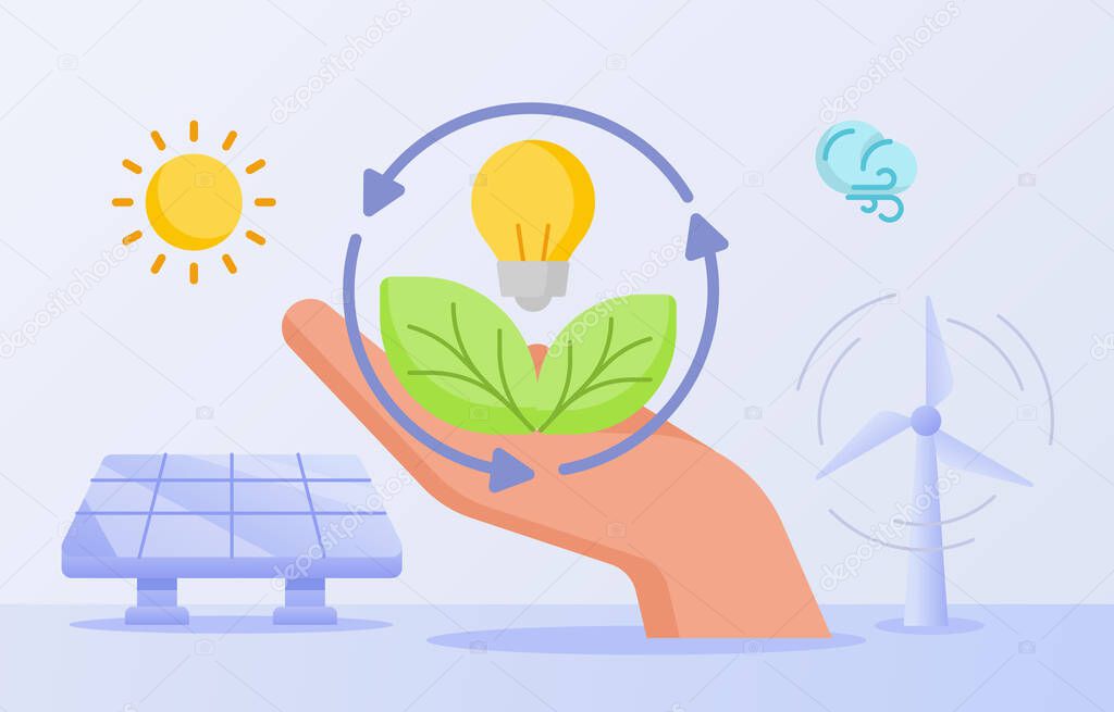 Renewable energy saving hand hold leaf light bulb lamp wind sun energy solar panel white isolated background with flat style