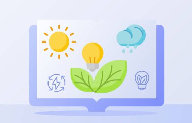 Ekoloji eğitimi kavramı ampul lamba yaprağı güneş bulutu yağmuru kitaptaki beyaz izole edilmiş arka plan düz stil