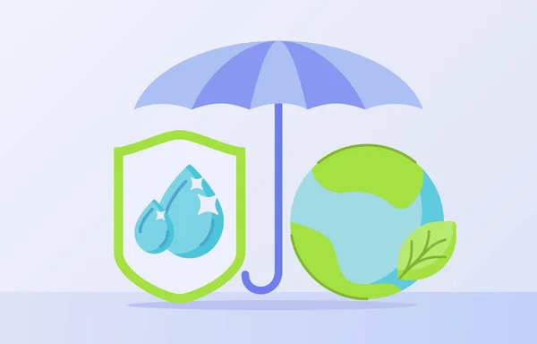 Concept de protection de la nature parasol terre vert feuille goutte d'eau dans le bouclier blanc fond isolé avec style plat — Image vectorielle