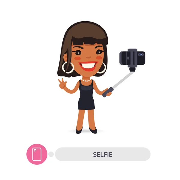 スマート フォンでアフリカ系アメリカ人の漫画 Selfie ガール — ストックベクタ
