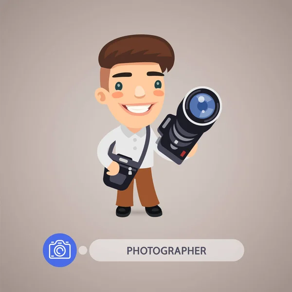 Personagem de desenho animado fotógrafo com câmera —  Vetores de Stock