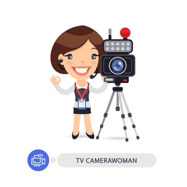Camerawoman Televisi Karakter Kartun Datar - Stok Vektor