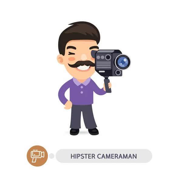 Hipster Cameraman personaje plano de dibujos animados — Vector de stock