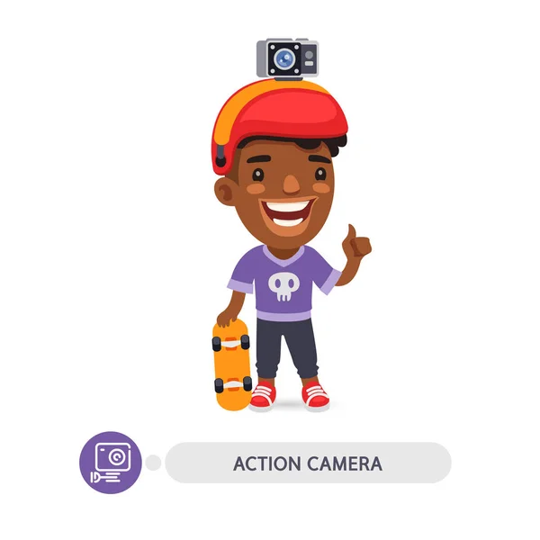 Flat Cartoon Character with Action Camera — Stock Vector