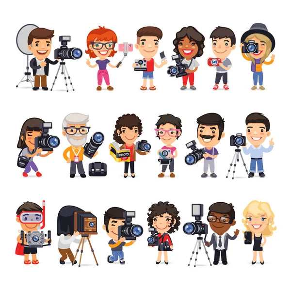 Fotógrafos Personajes planos de dibujos animados — Vector de stock