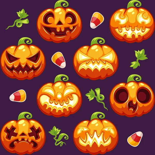 Patrón sin costuras de Halloween con calabazas sobre fondo oscuro — Vector de stock