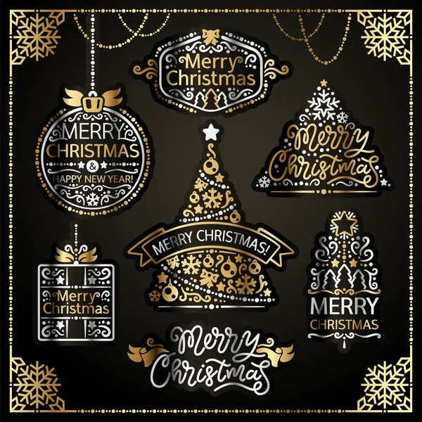 Merry Christmas Design Labels Golden Set — Stock Vector