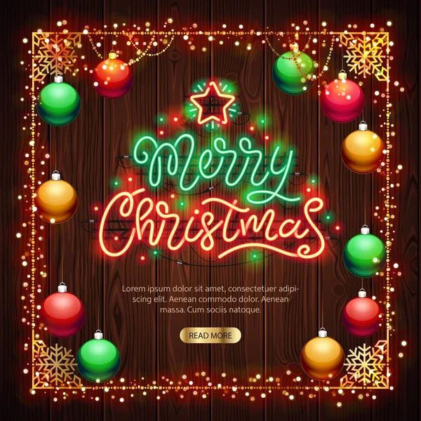 З Різдвом Христовим неоновий знак з барвисті ліхтарі по дереву — стоковий вектор