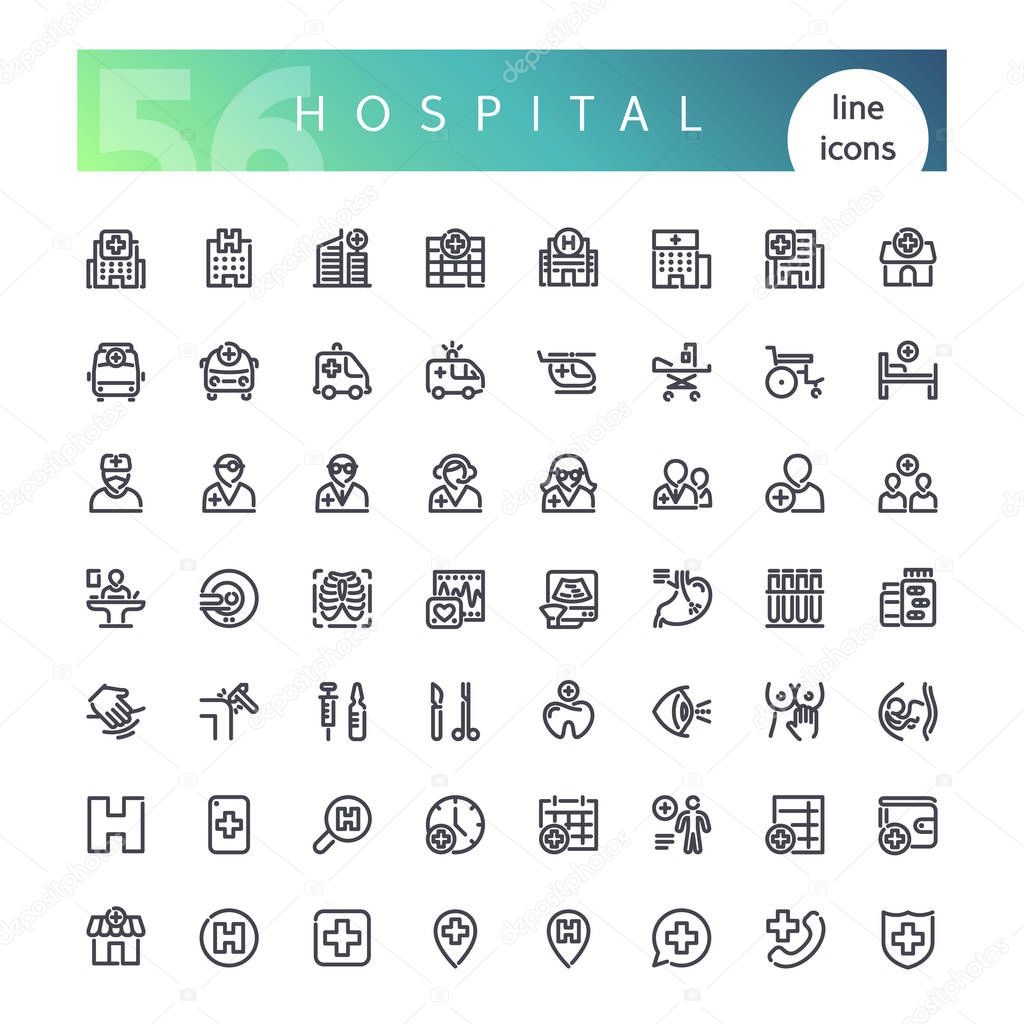 Set of 56 hospital, clinic builds, doctors and other medical line icons suitable for web, infographics and apps. Isolated on white background. Clipping paths included.