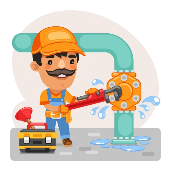 Cartoon Plumber Repairing a Pipe — Stock Vector