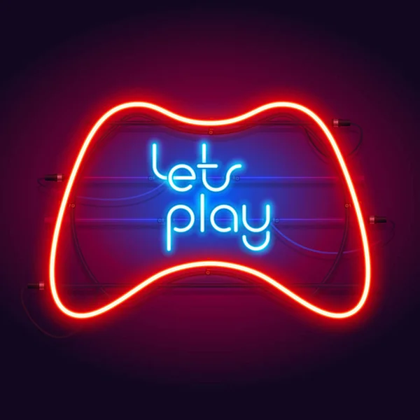 Colorful Neon Lets Play Sign with Game Controller — Stock Vector
