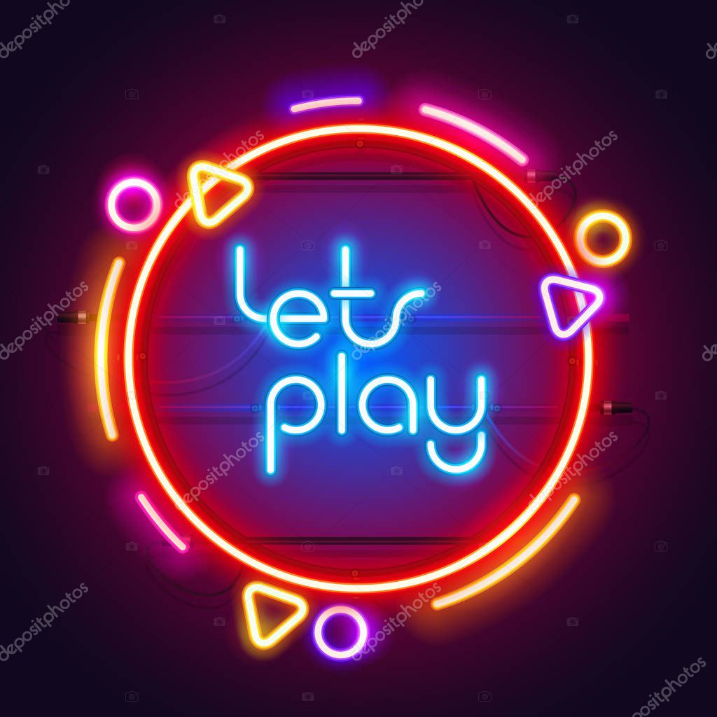 Round colorful neon lets play sign for your projects in retro-futuristic style.