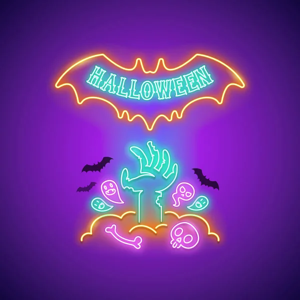 Halloween Neon segno con Zombie mano — Vettoriale Stock