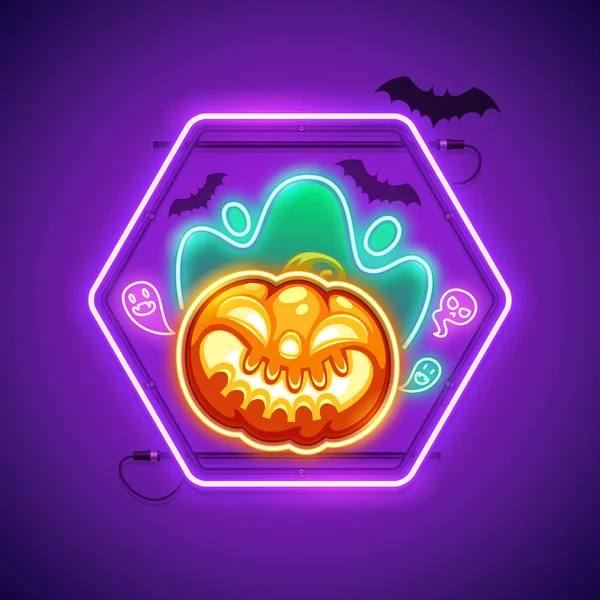 Halloween Neon Sign with Creepy Pumpkin — Stock Vector