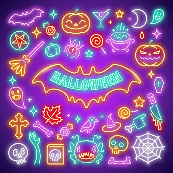 Halloween neon ikoner set — Stock vektor