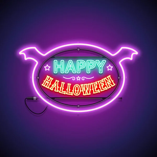 Feliz Halloween Neon Sign in Frame — Vetor de Stock